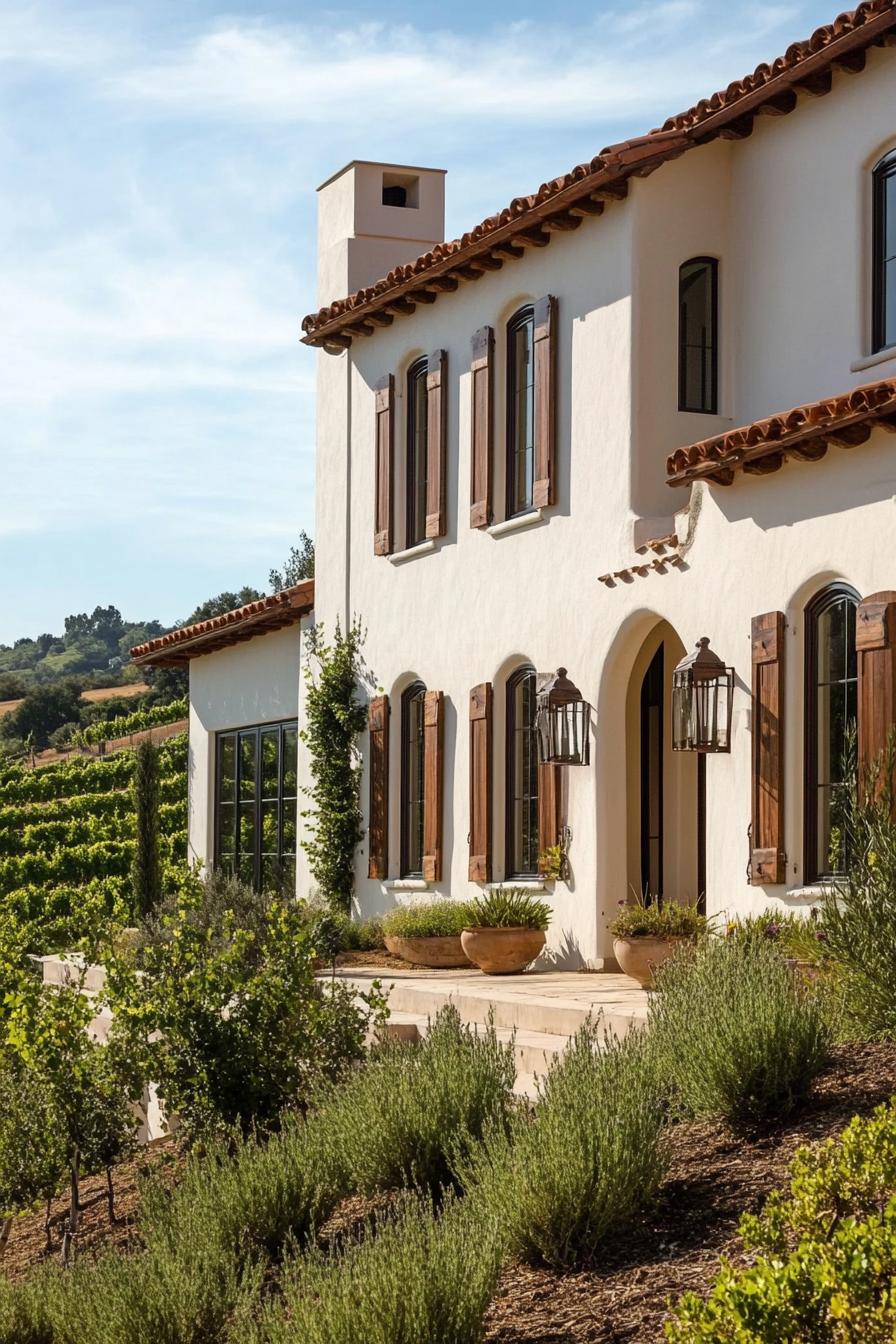 mediterranean revival architecture home facade with tall narrow windows and wooden shutters hilly vineyard landscape