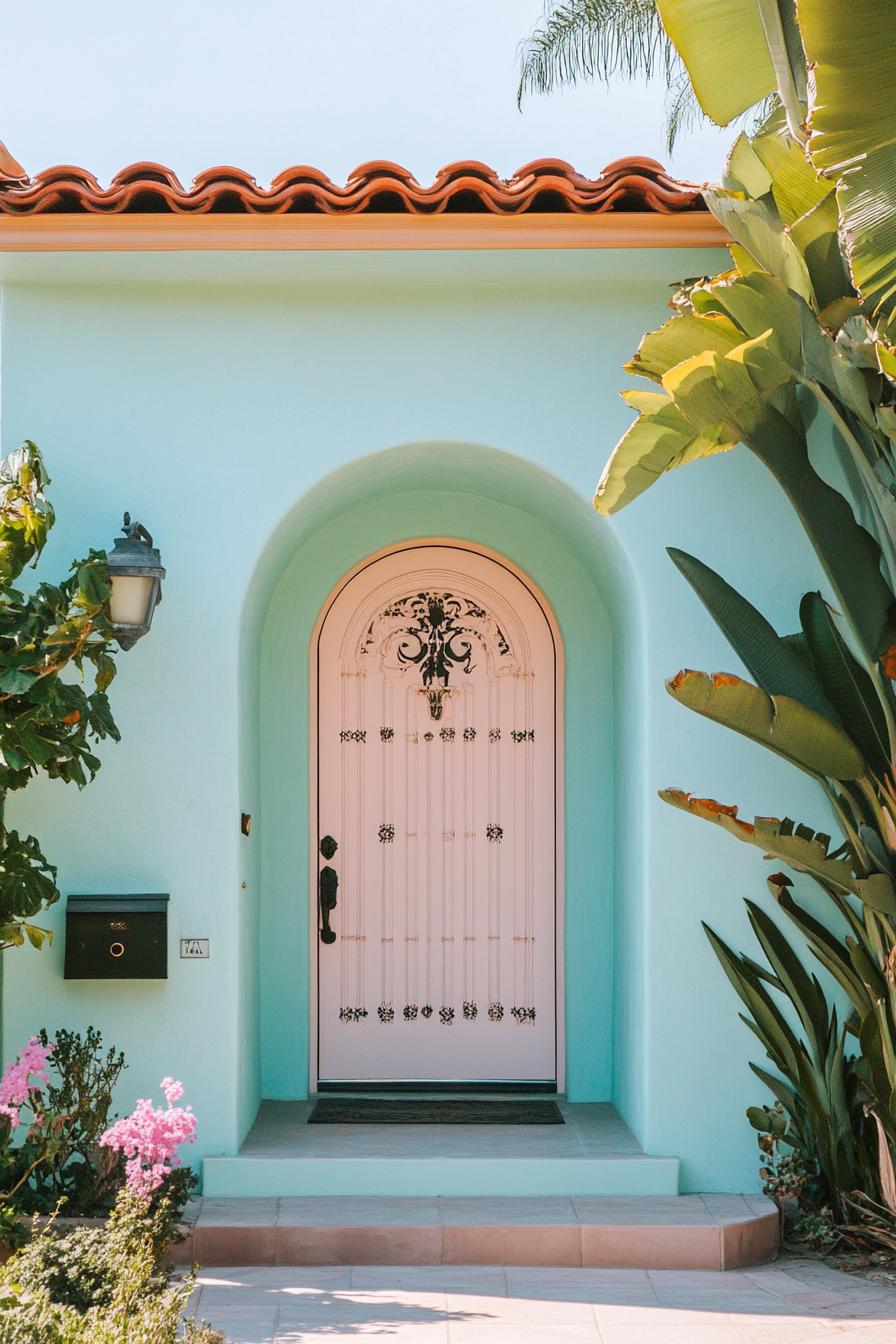 mid century modern and antique style house pastel color facade with antique embellished front door