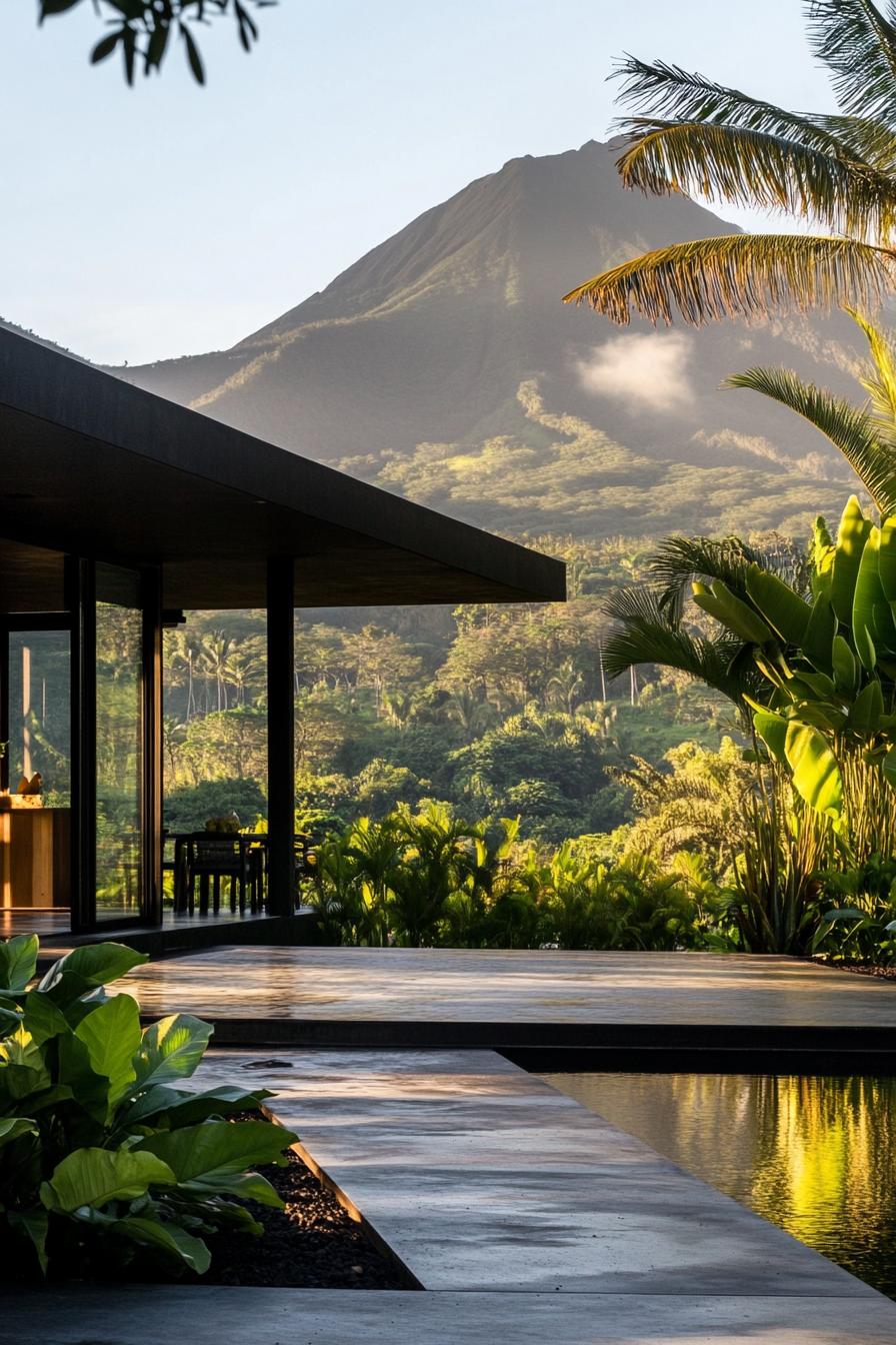 mid century modern black house facade with blackened steel exterior panels tropical mountain in distance 1