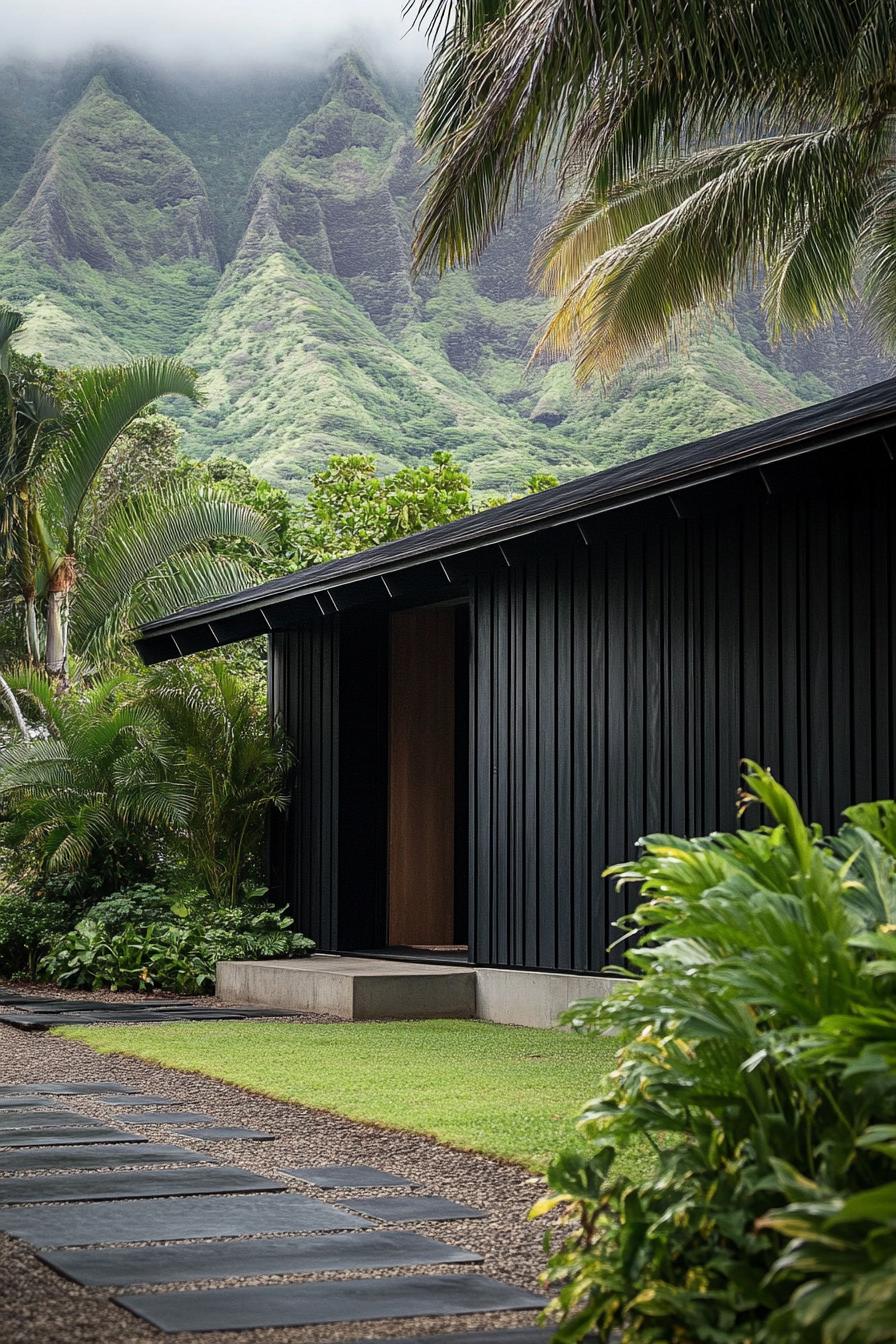 mid century modern black house facade with blackened steel exterior panels tropical mountain in distance 2