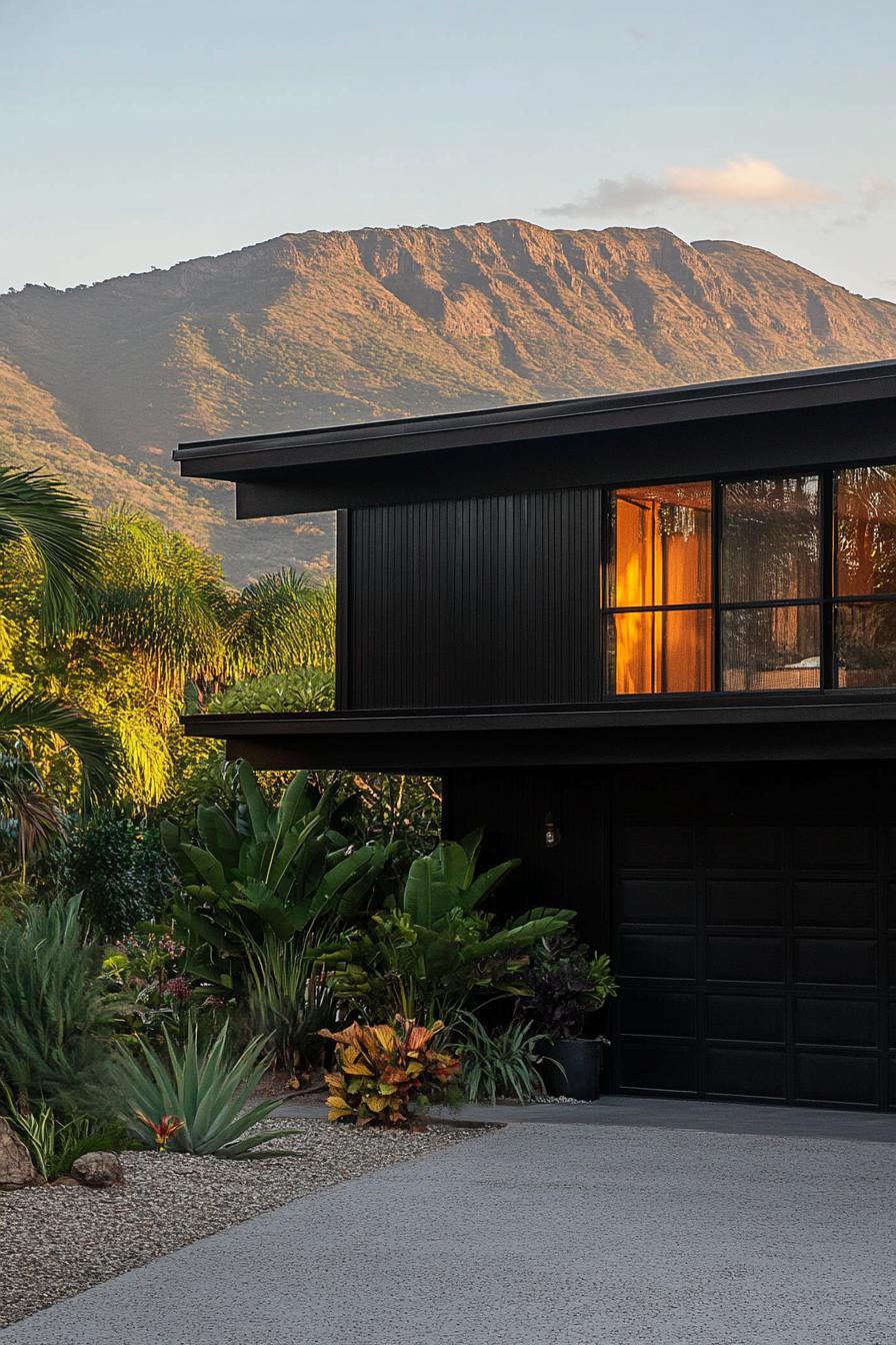 mid century modern black house facade with blackened steel exterior panels tropical mountain in distance 3