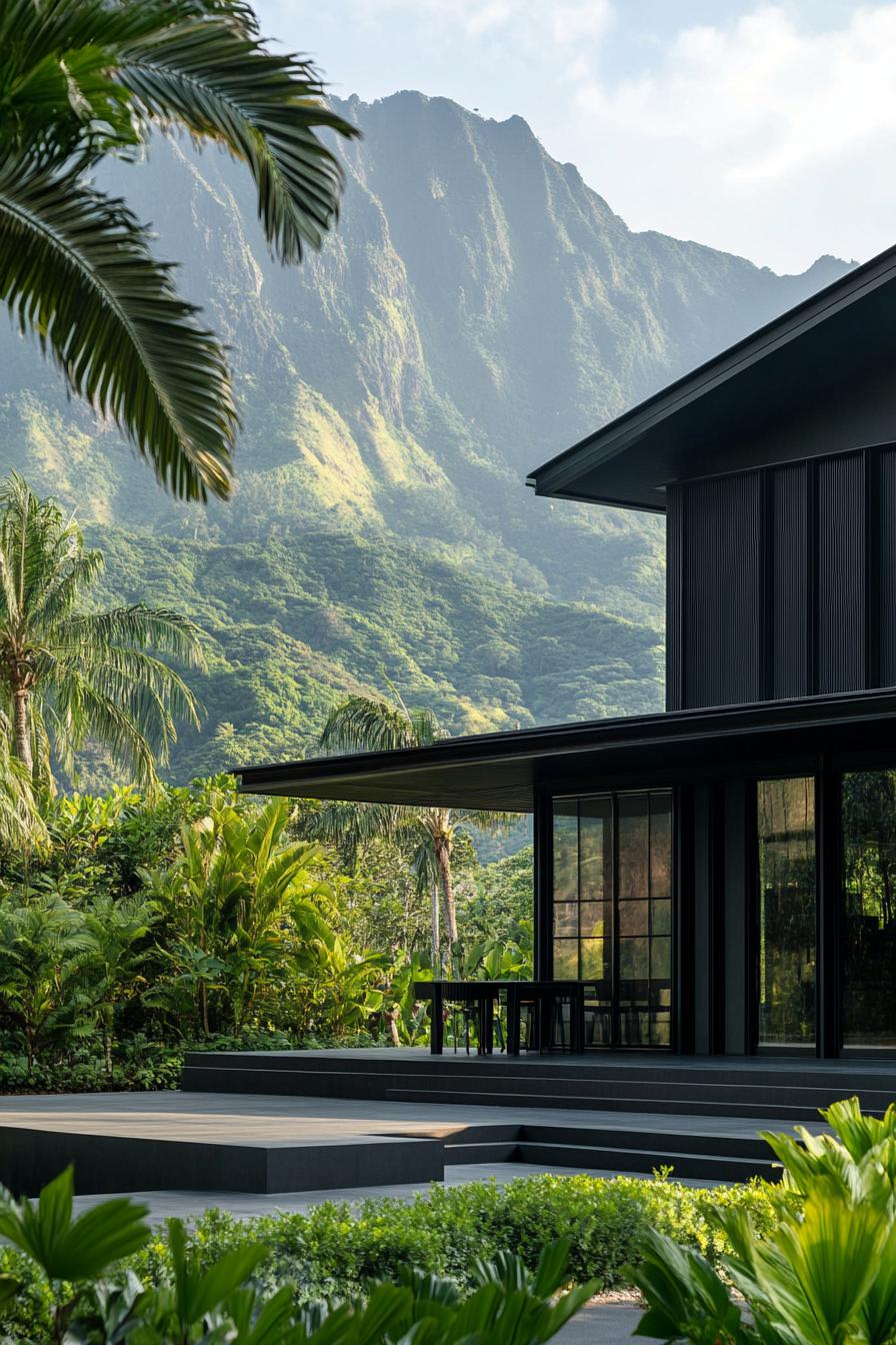 mid century modern black house facade with blackened steel exterior panels tropical mountain in distance