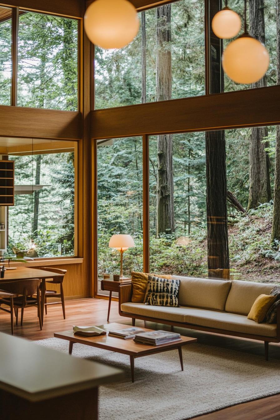 mid century modern house interior low profile sofa lounge with large windows overlooking a lush forest 1