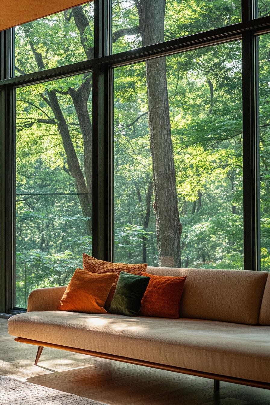 mid century modern house interior low profile sofa lounge with large windows overlooking a lush forest 2