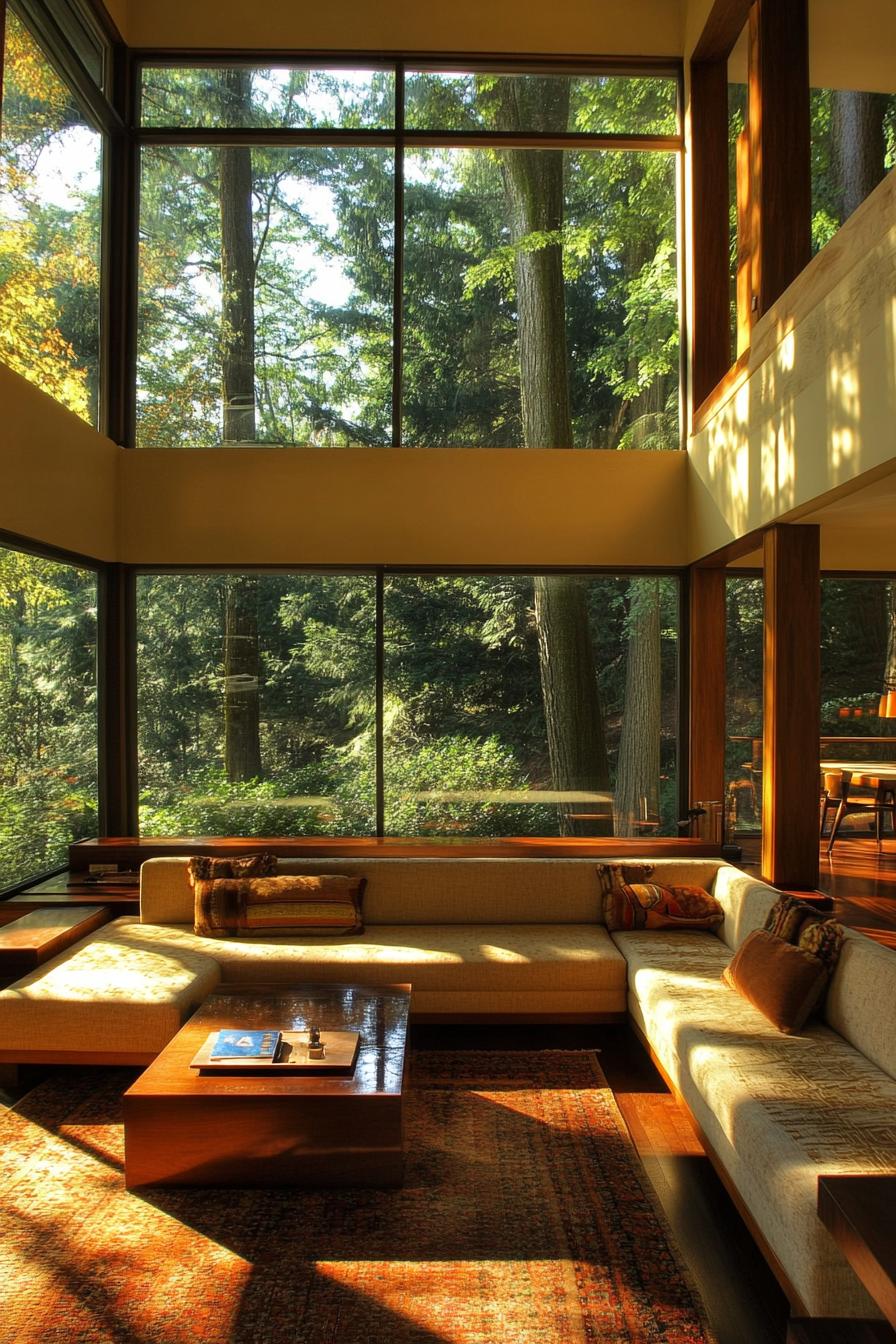 mid century modern house interior low profile sofa lounge with large windows overlooking a lush forest 3