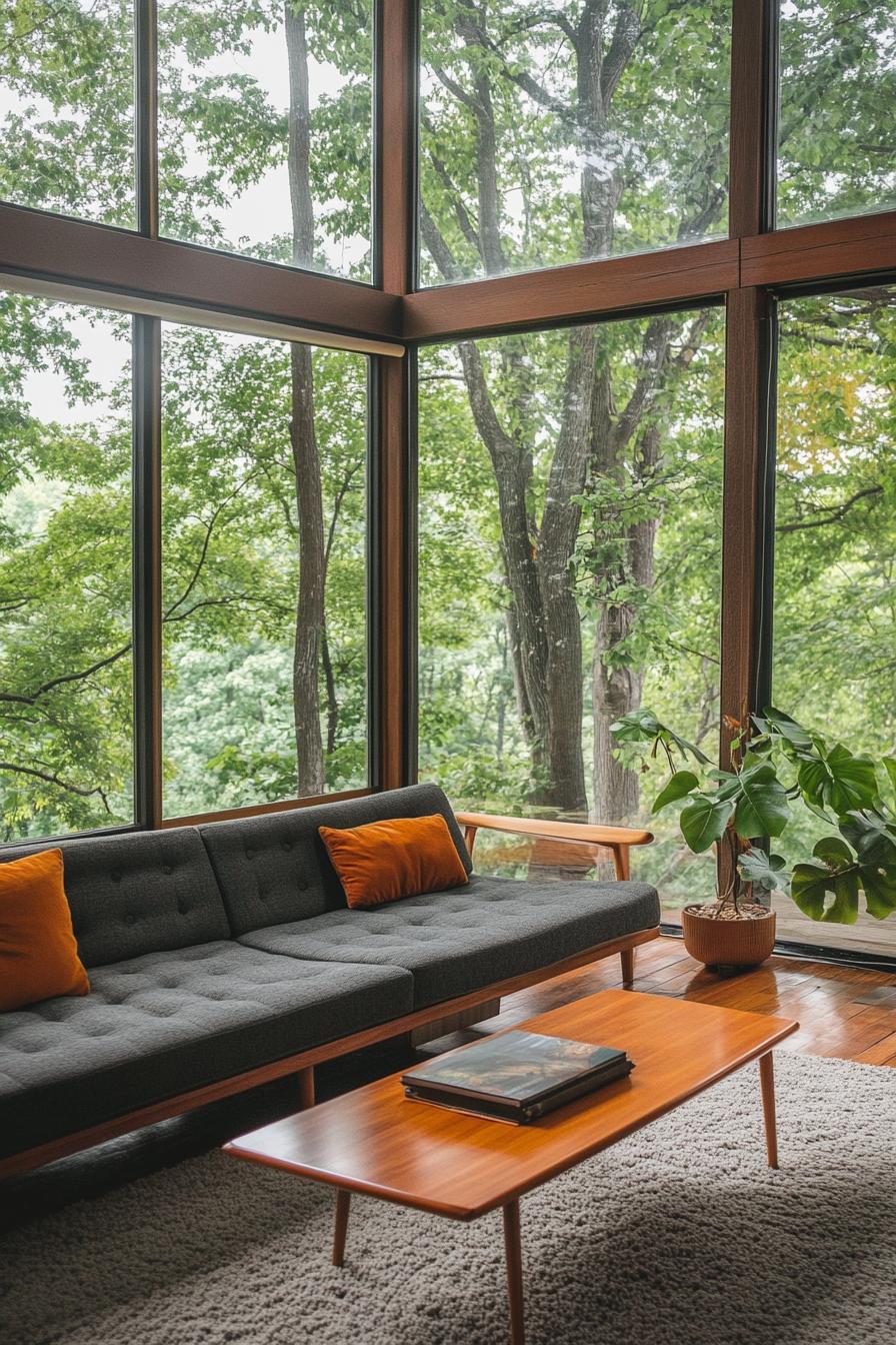 mid century modern house interior low profile sofa lounge with large windows overlooking a lush forest