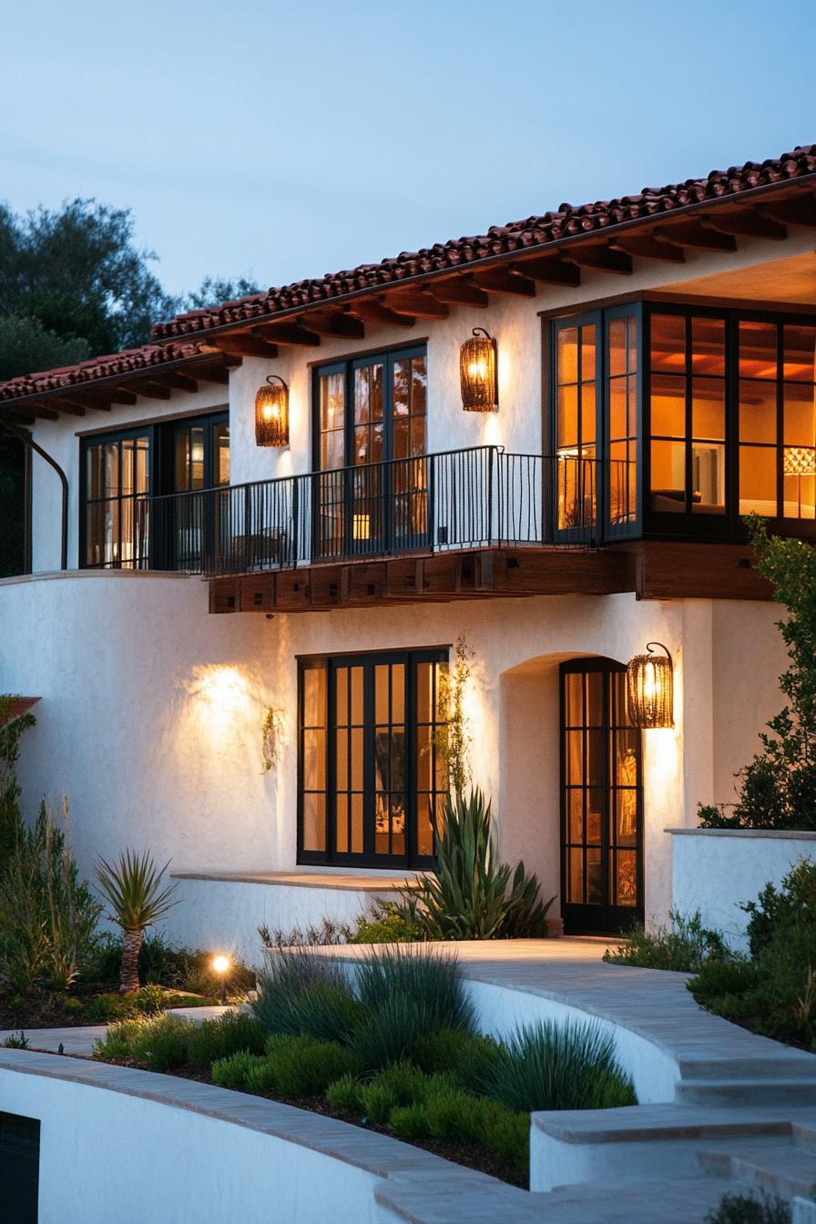 modern Californian house mediterranean style facade with wicker lighting fixtures