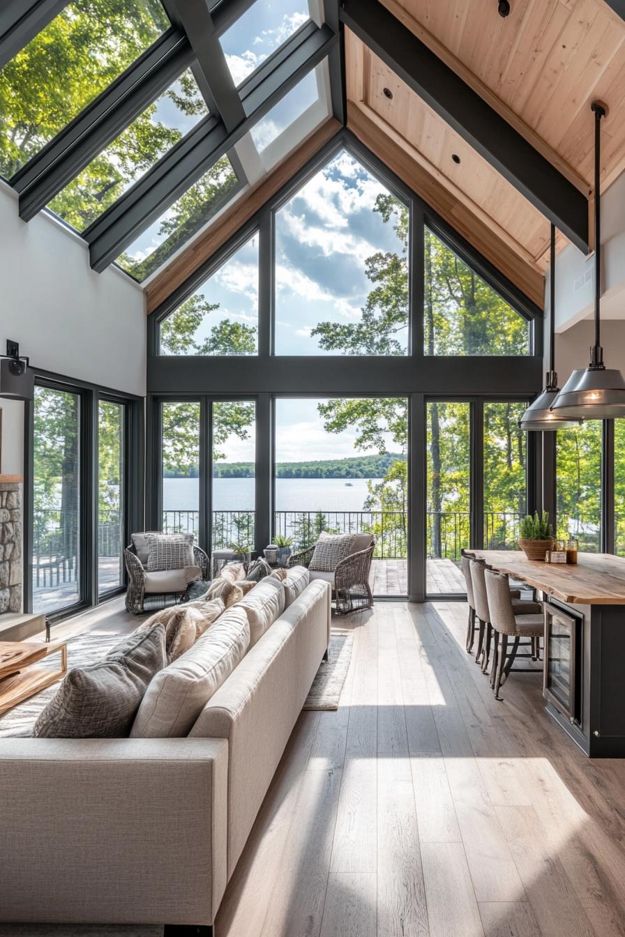 modern English cottage interior with pitched roof skylights large bay windows overlooking a lake 1