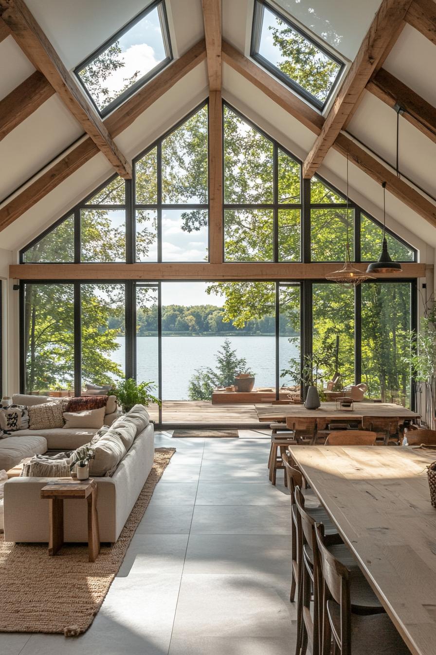 modern English cottage interior with pitched roof skylights large bay windows overlooking a lake 2