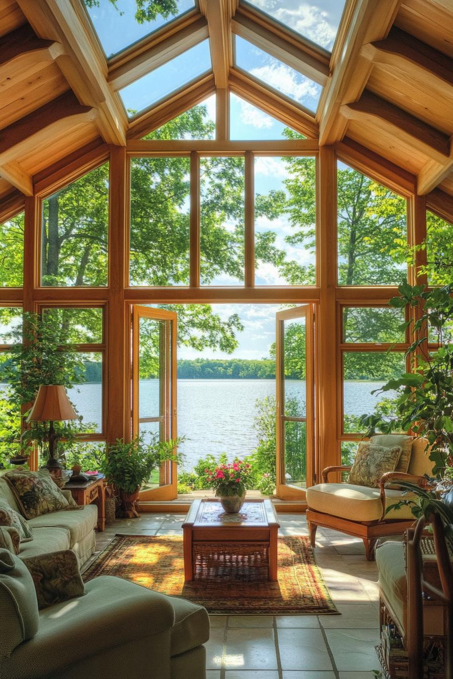 modern English cottage interior with pitched roof skylights large bay windows overlooking a lake 3