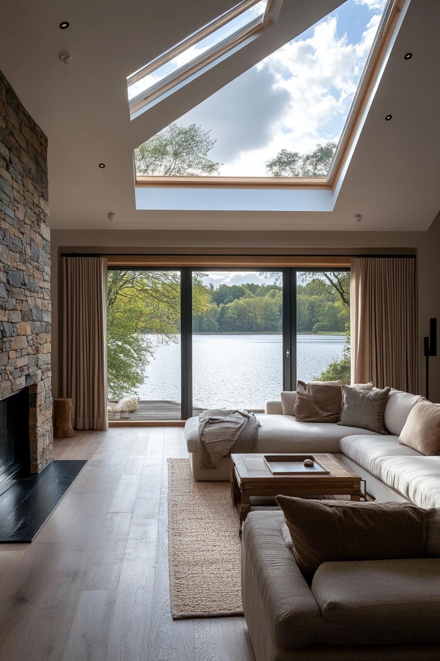 modern English cottage interior with pitched roof skylights large bay windows overlooking a lake