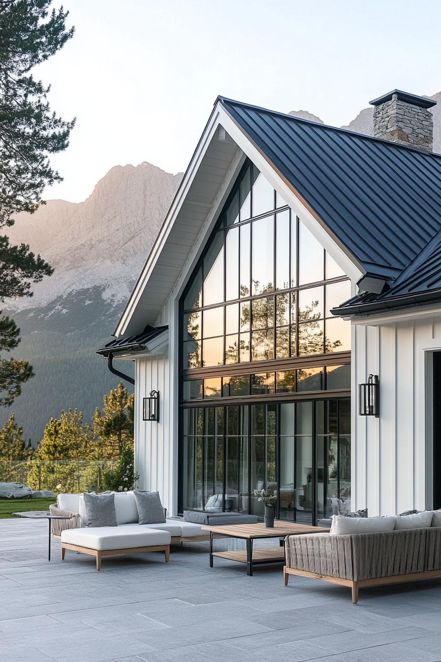 modern French cottage style mountain house with white shiplap dar grey roof large glass windows and doors patio with seating Alp mountains in the 1