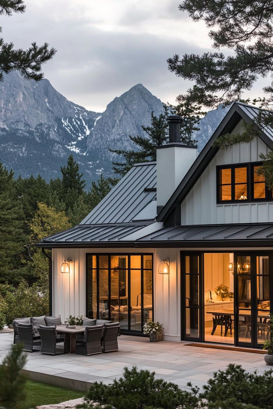 modern French cottage style mountain house with white shiplap dar grey roof large glass windows and doors patio with seating Alp mountains in the 2