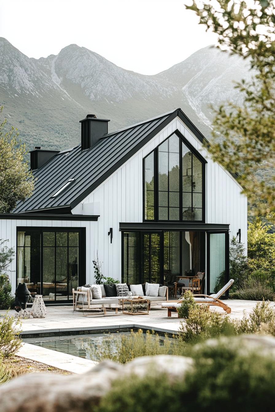 modern French cottage style mountain house with white shiplap dar grey roof large glass windows and doors patio with seating Alp mountains in the 3