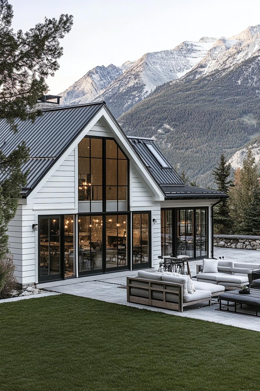 modern French cottage style mountain house with white shiplap dar grey roof large glass windows and doors patio with seating Alp mountains in the