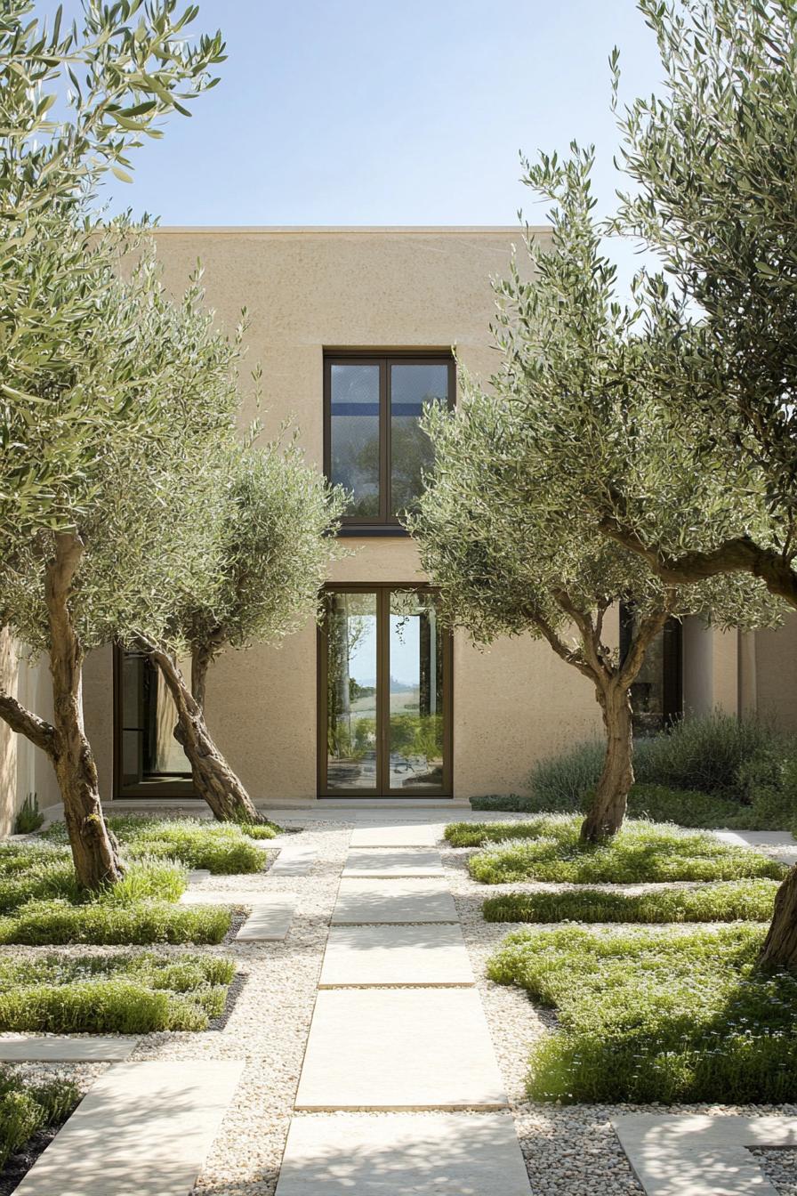 modern French mediterranean house inner courtyard garden with olive trees 1