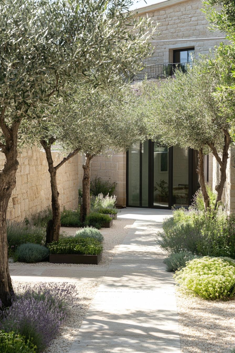 modern French mediterranean house inner courtyard garden with olive trees