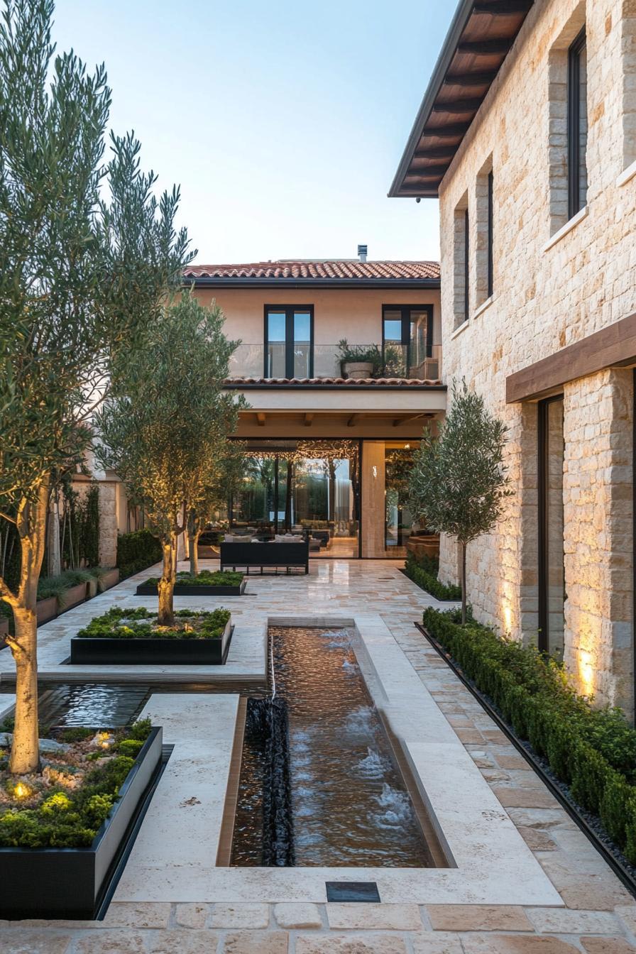 modern Italian mediterranean house inner courtyard stone paved with trees and fountain 1