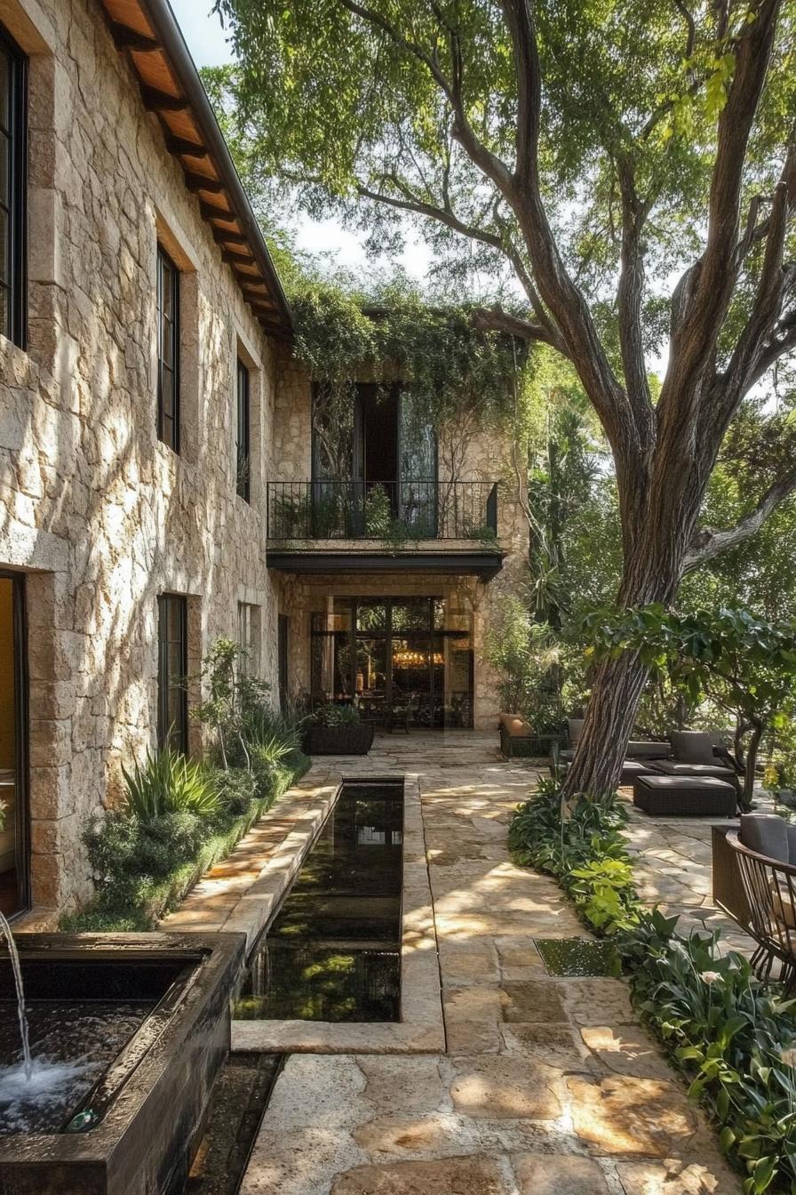 modern Italian mediterranean house inner courtyard stone paved with trees and fountain 3