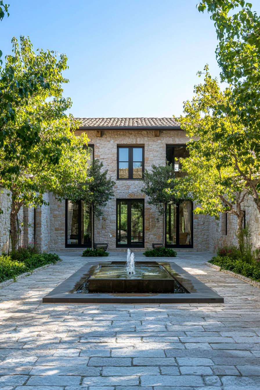 modern Italian mediterranean house inner courtyard stone paved with trees and fountain