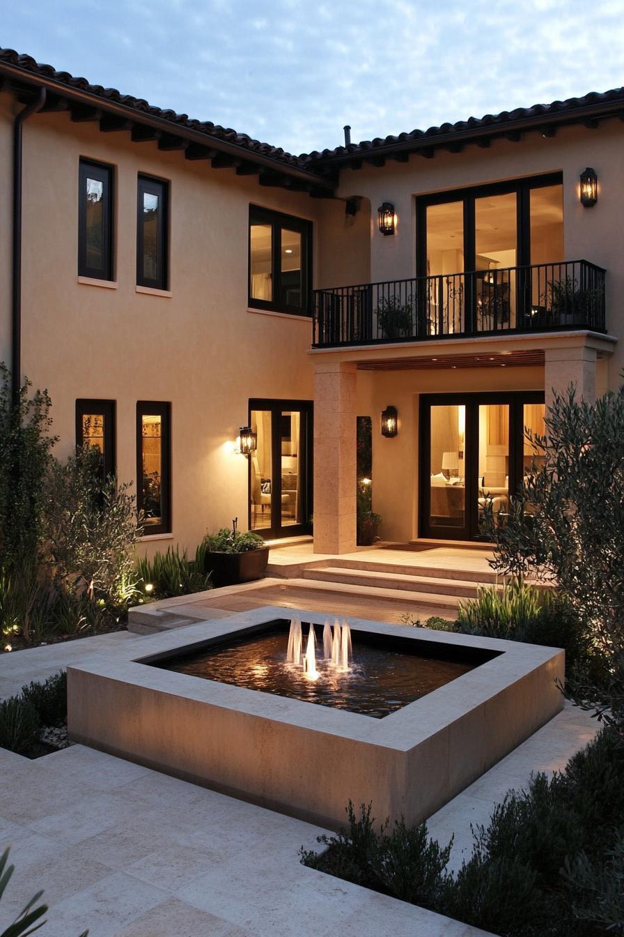 modern Tuscan mediterranean house modern inner courtyard garden with ventral fountain 1