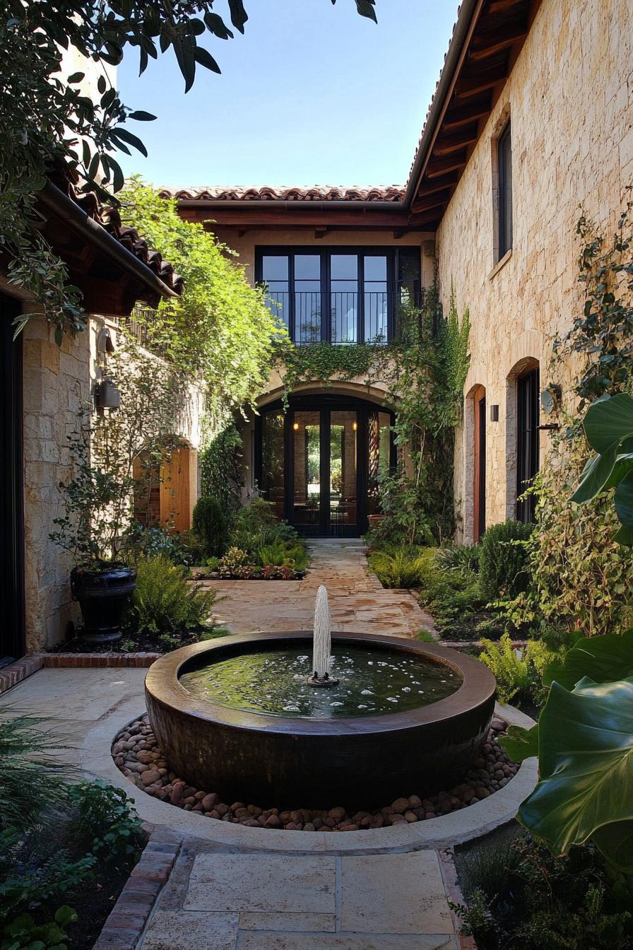 modern Tuscan mediterranean house modern inner courtyard garden with ventral fountain 2