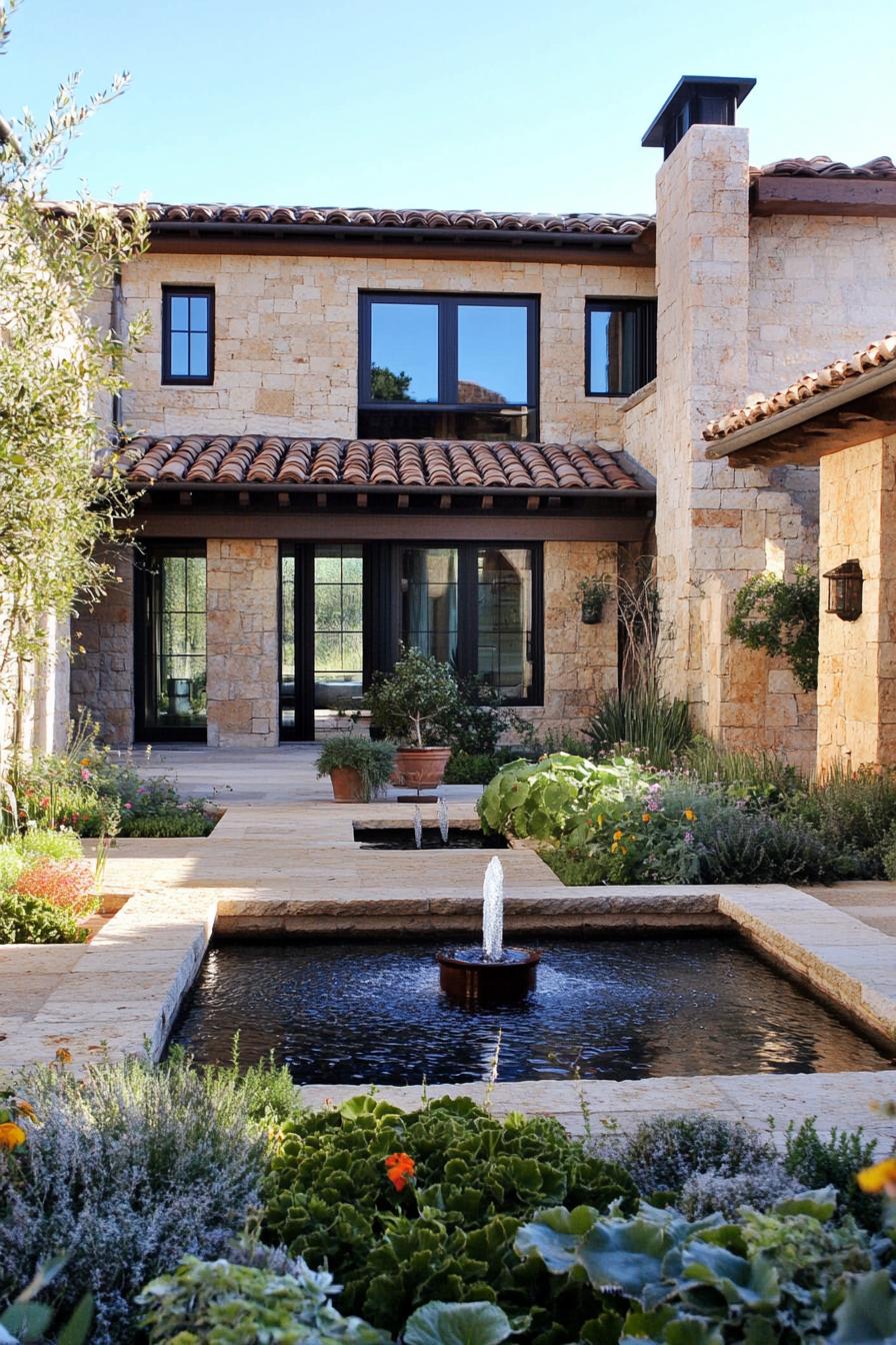 modern Tuscan mediterranean house modern inner courtyard garden with ventral fountain 3