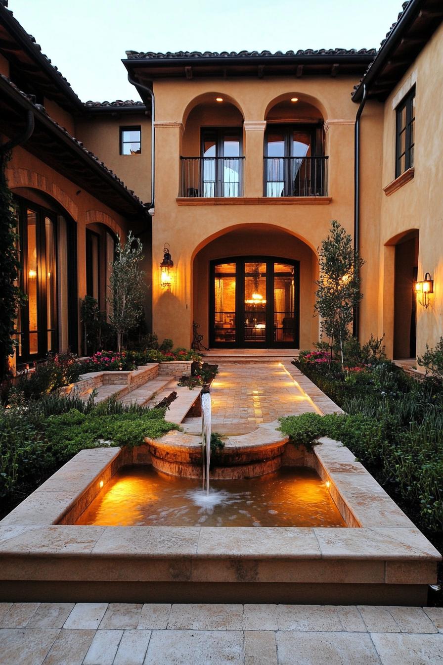 modern Tuscan mediterranean house modern inner courtyard garden with ventral fountain