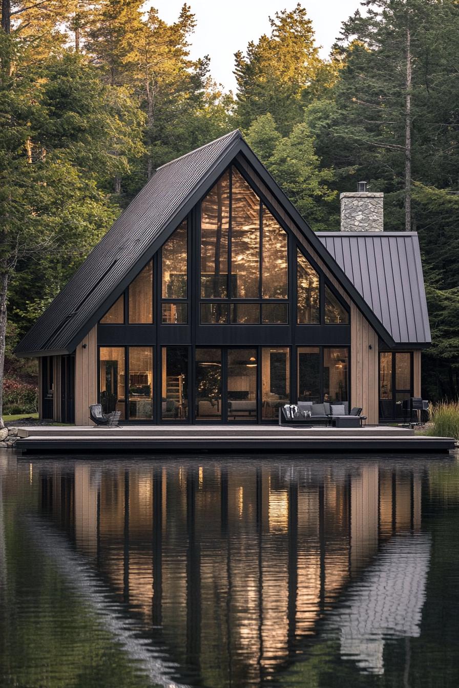 modern a frame cabin with dark stained cedar siding large black frame modern windows and sliding doors grey metal roof in front of the house is a 1