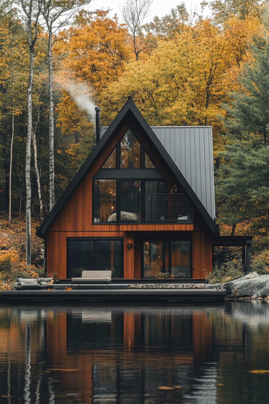 modern a frame cabin with dark stained cedar siding large black frame modern windows and sliding doors grey metal roof in front of the house is a 2