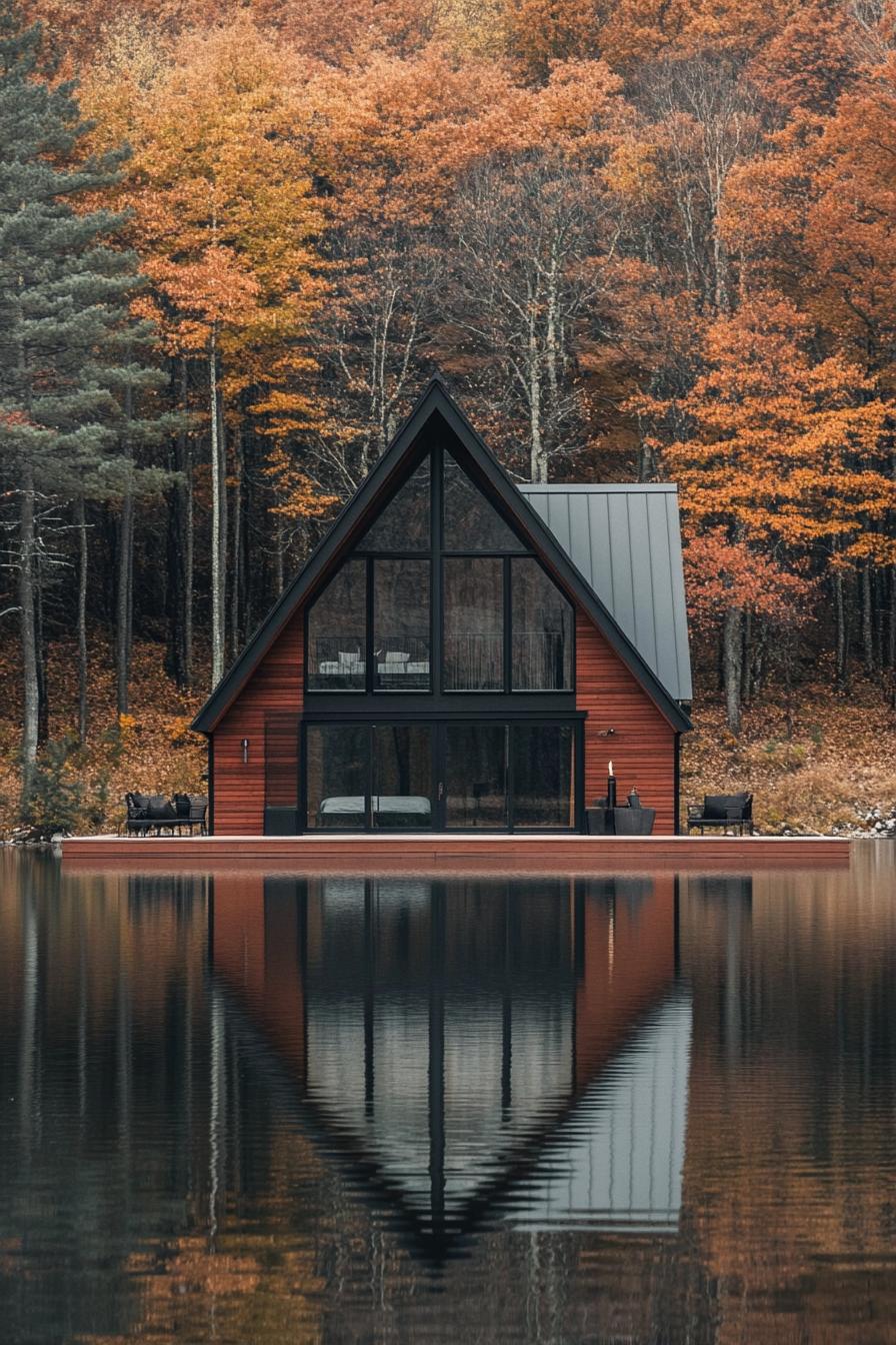 modern a frame cabin with dark stained cedar siding large black frame modern windows and sliding doors grey metal roof in front of the house is a 3