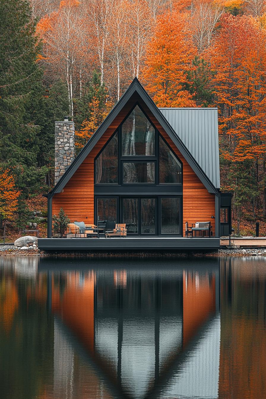 modern a frame cabin with dark stained cedar siding large black frame modern windows and sliding doors grey metal roof in front of the house is a