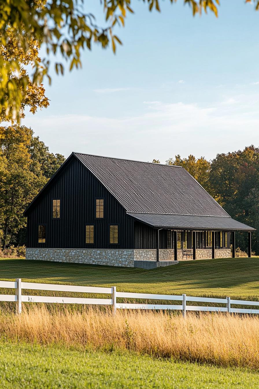 modern barn house with black multi pitched metal roof exposed natural wood beams white stone foundation concrete slab yard white horizontal slat 1