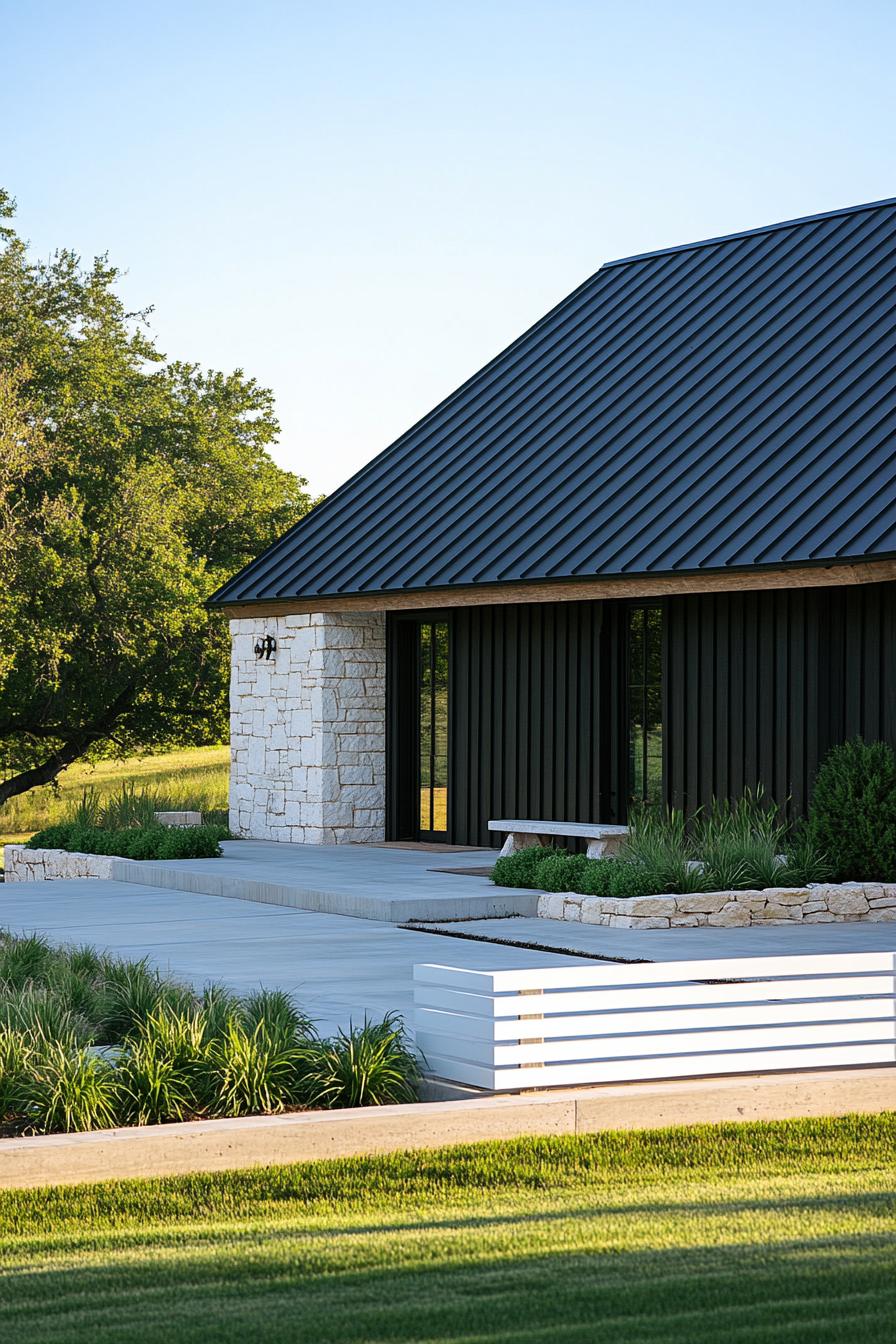 modern barn house with black multi pitched metal roof exposed natural wood beams white stone foundation concrete slab yard white horizontal slat 2