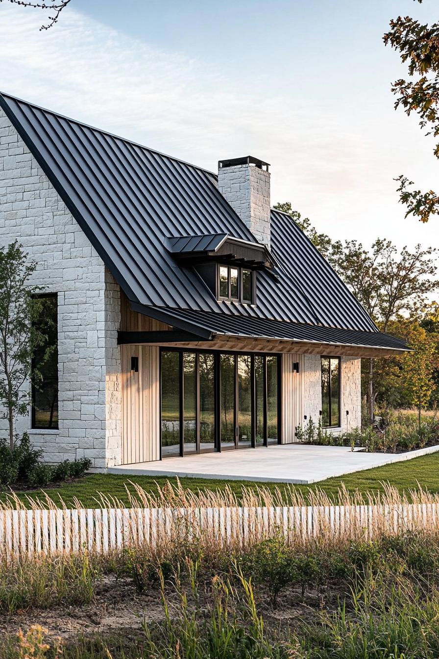 modern barn house with black multi pitched metal roof exposed natural wood beams white stone foundation concrete slab yard white horizontal slat