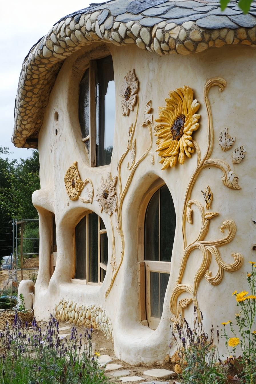 modern cob house facade ith floral pattern exterior 1