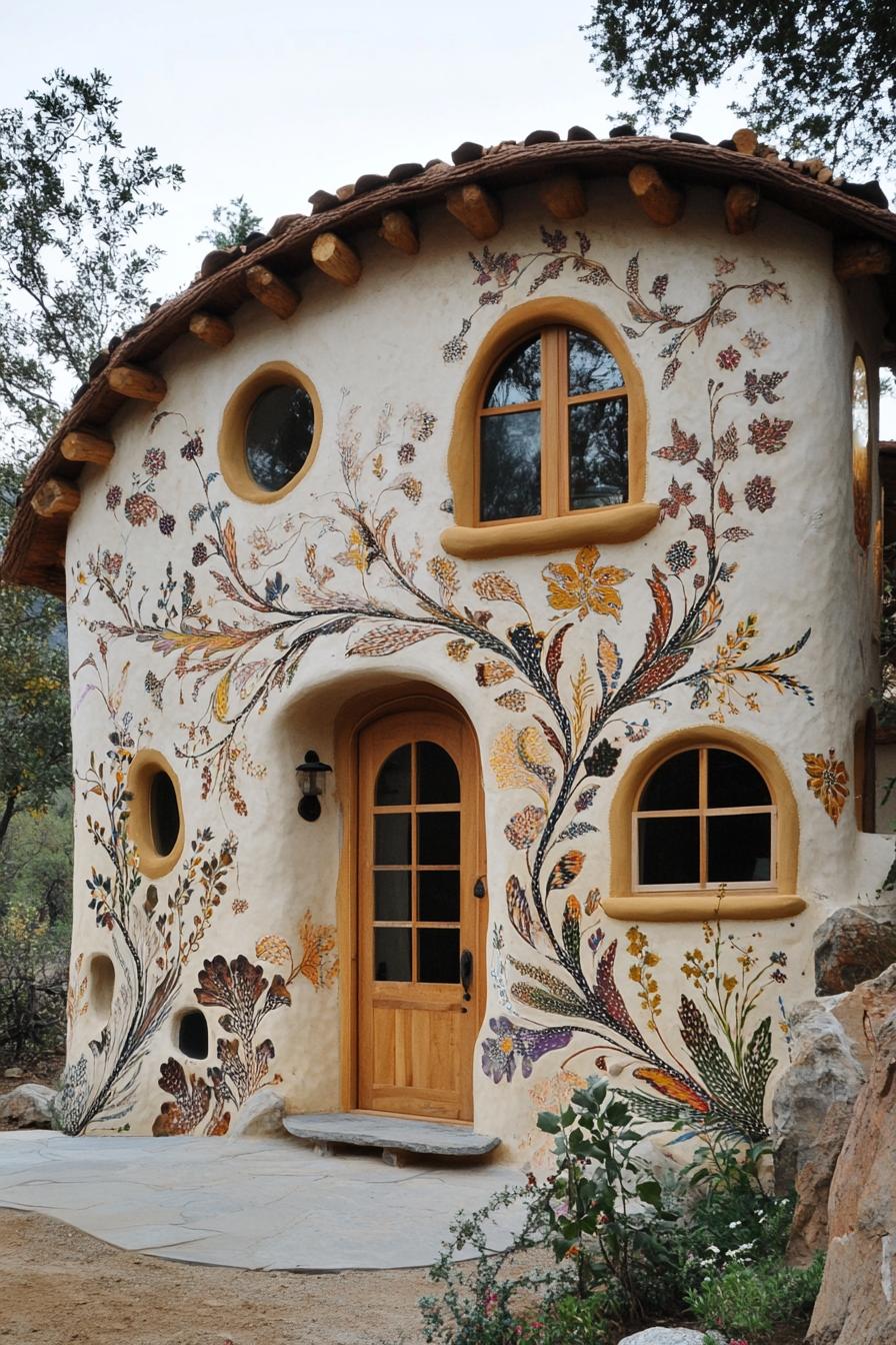 modern cob house facade ith floral pattern exterior 2