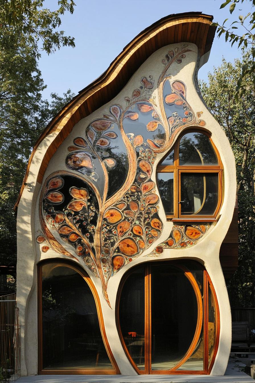 modern cob house facade ith floral pattern exterior