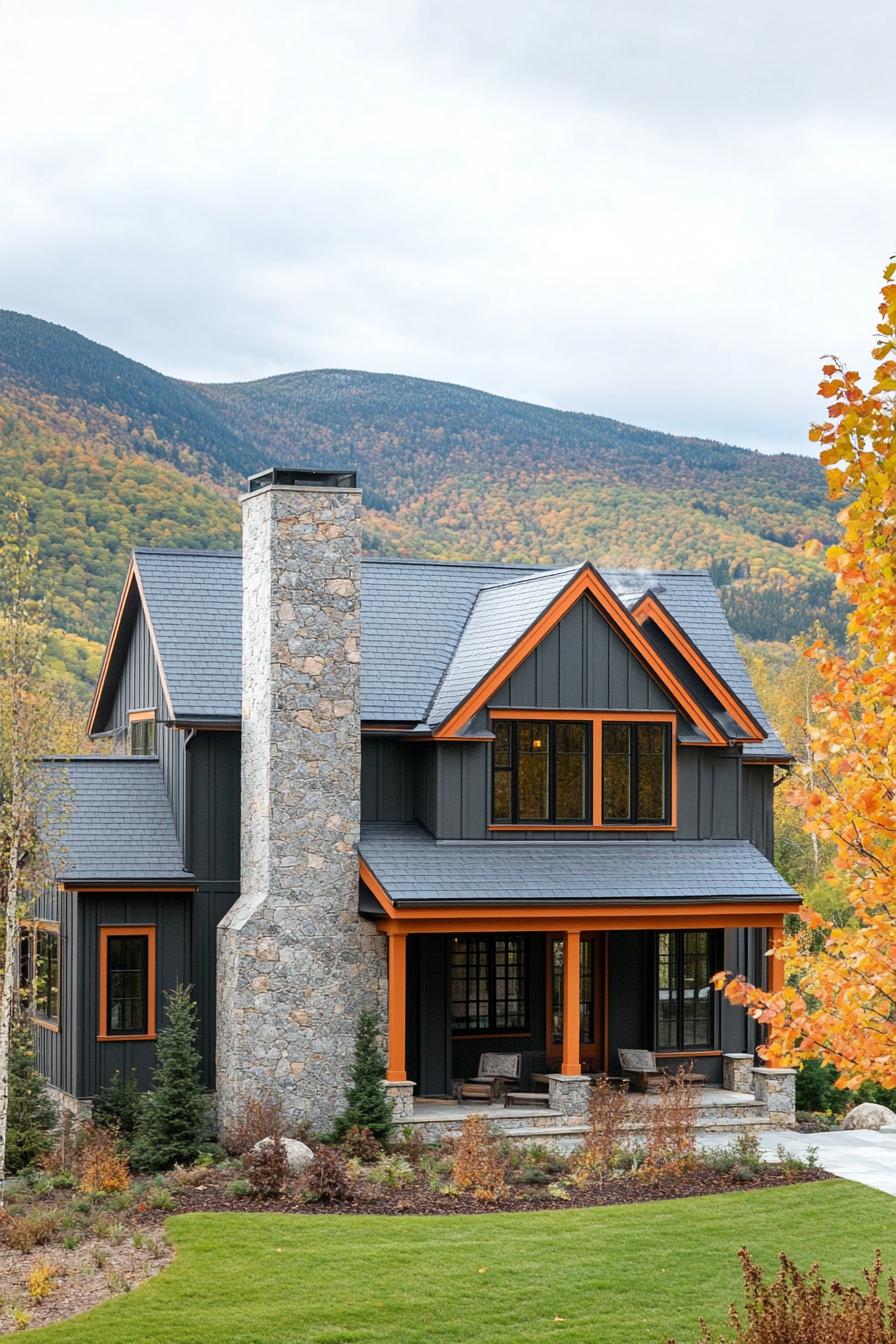 modern cottage style mountain house facade with stone grey siding orange trim stone chimney maple trees in the yard green mountain range in the background in autumn 1