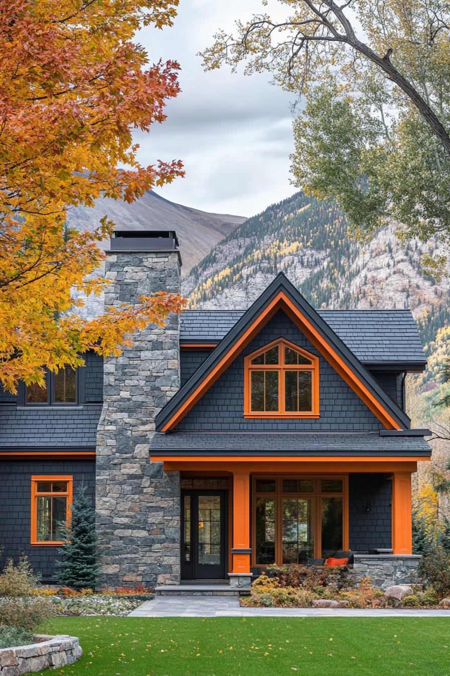 modern cottage style mountain house facade with stone grey siding orange trim stone chimney maple trees in the yard green mountain range in the background in autumn 3