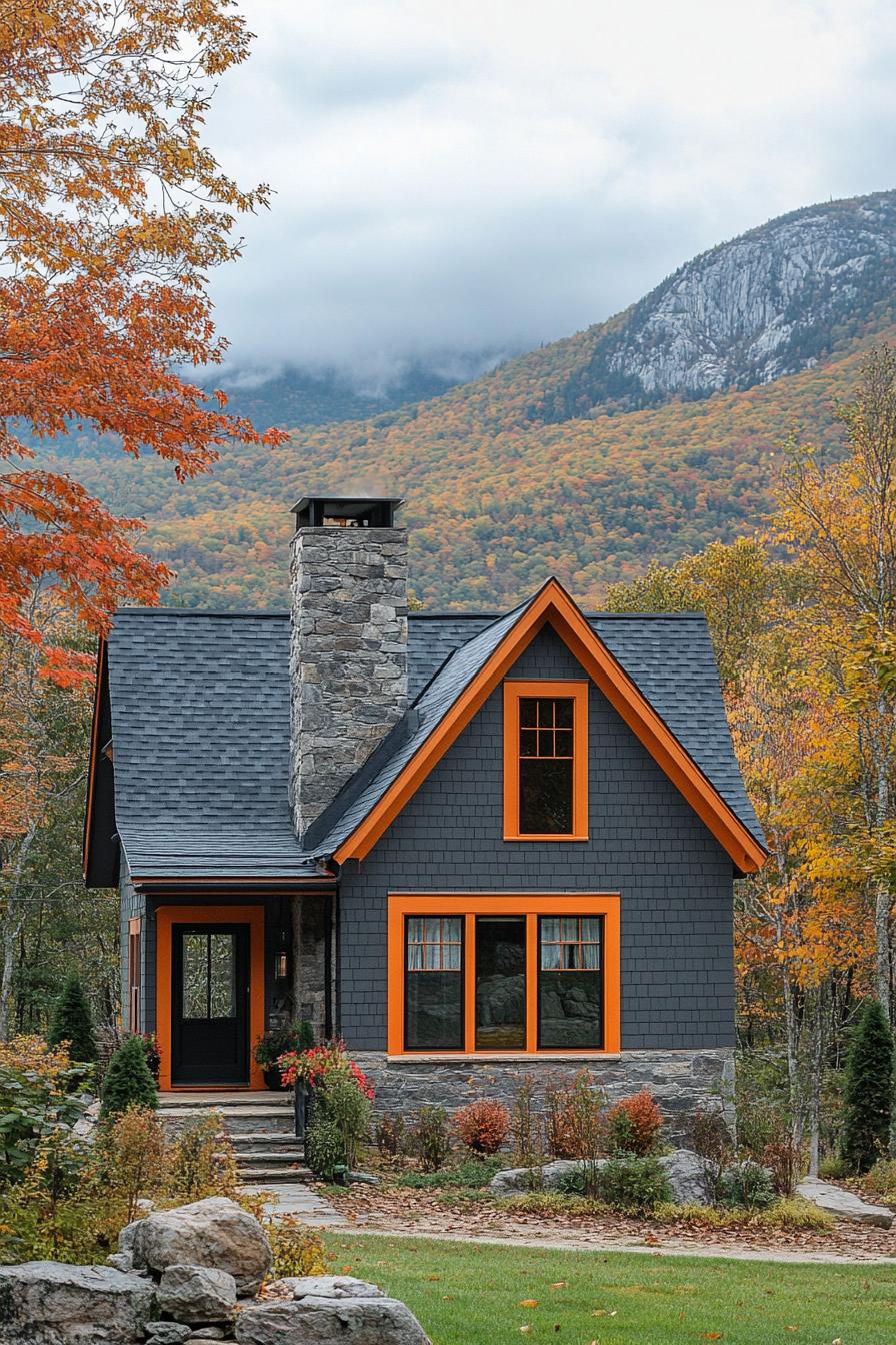 modern cottage style mountain house facade with stone grey siding orange trim stone chimney maple trees in the yard green mountain range in the background in autumn