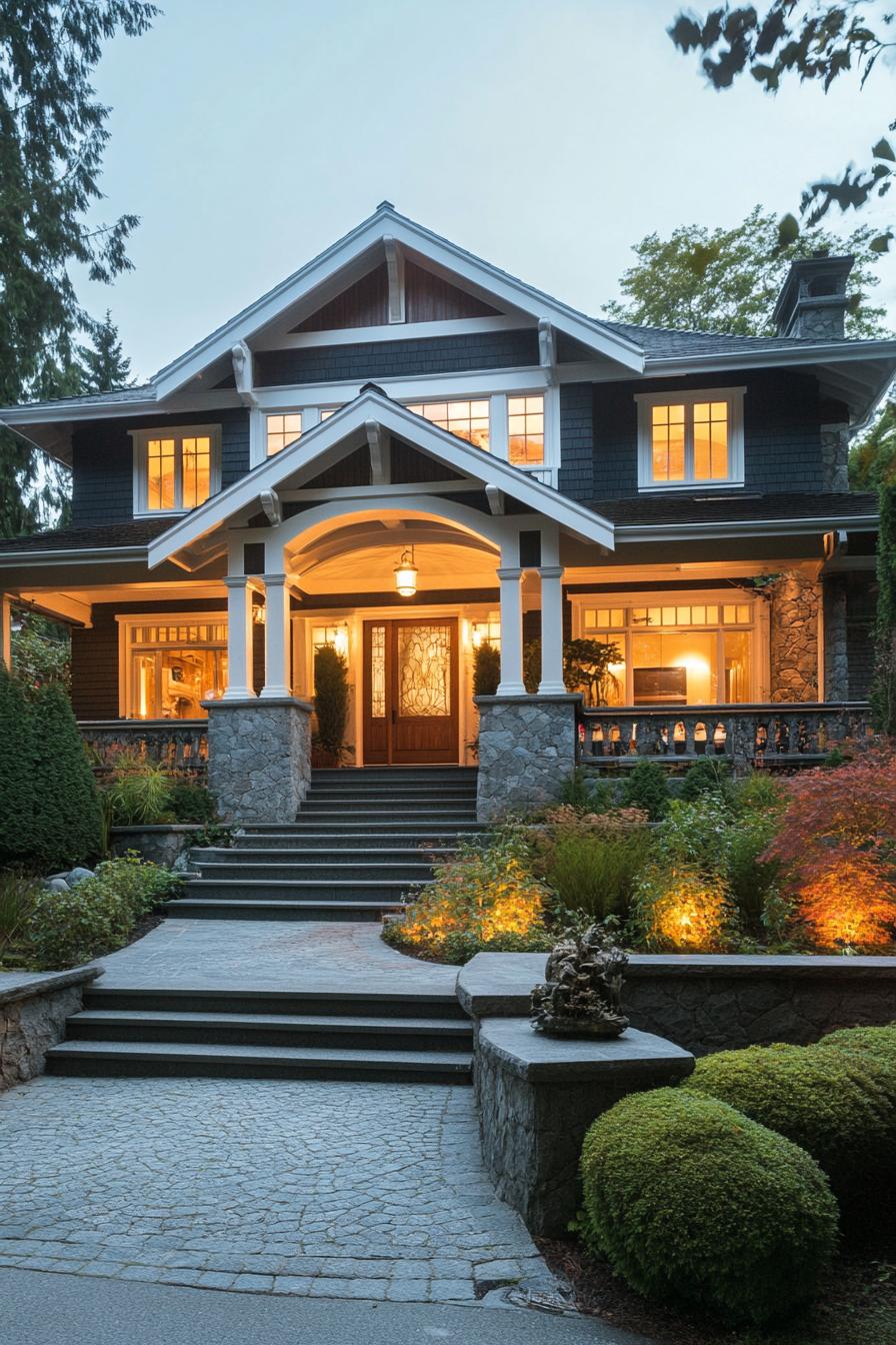 modern craftsman style house with vertical grey slatting white trim with ornament details decorative shutters stone foundation entry with columns