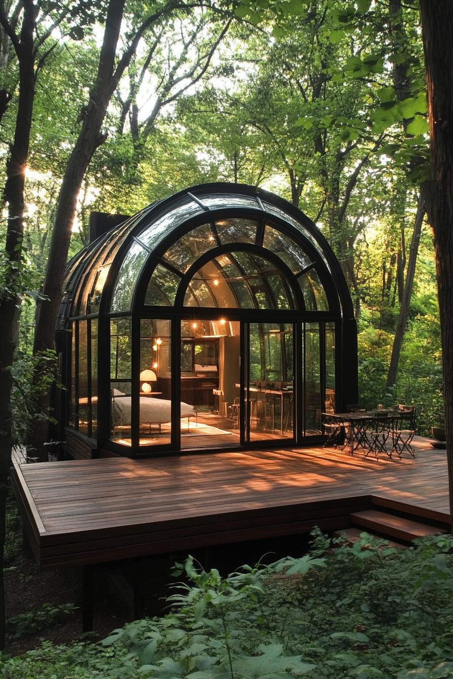 modern dome glass cabin in a lush forest with a large walnut wood deck 1