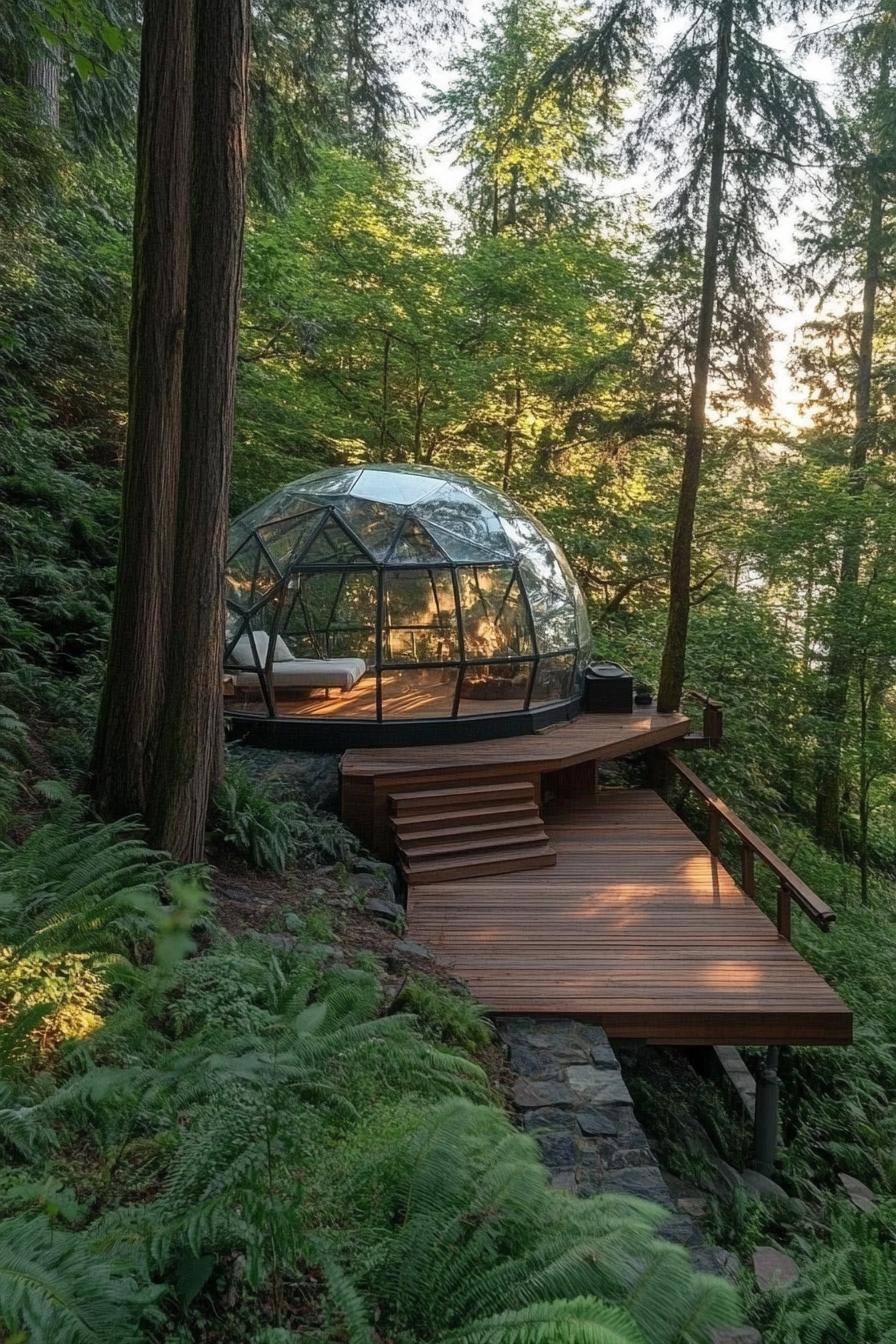 modern dome glass cabin in a lush forest with a large walnut wood deck