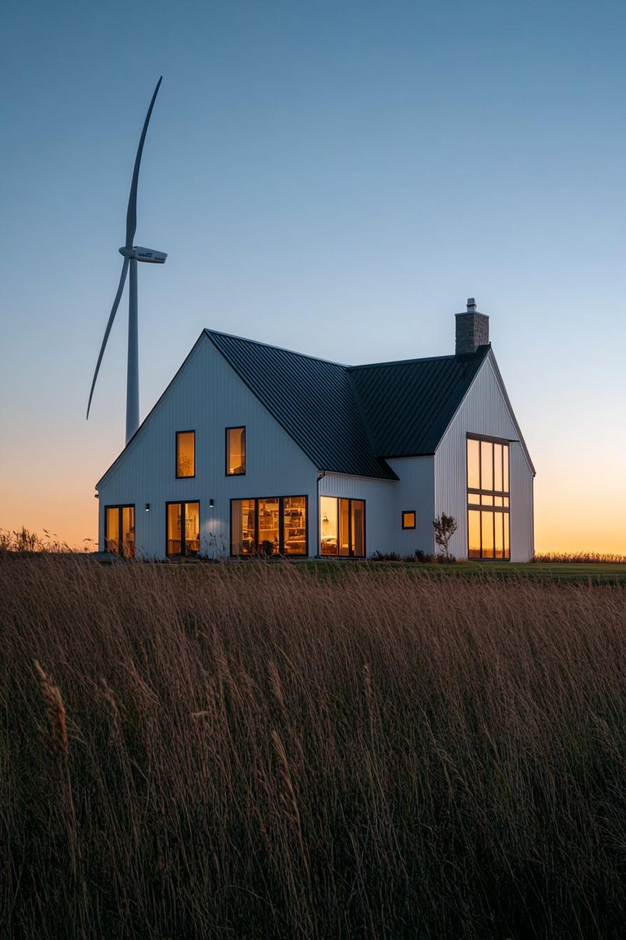 modern farmhouse homestead with large fields and a wind turbine in the fields 1