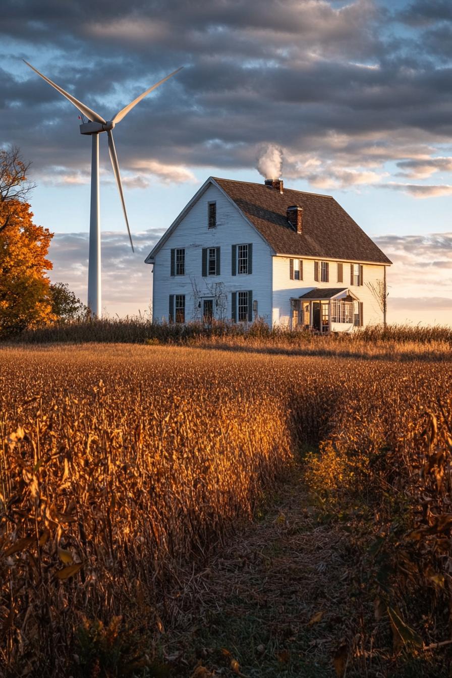 modern farmhouse homestead with large fields and a wind turbine in the fields 2