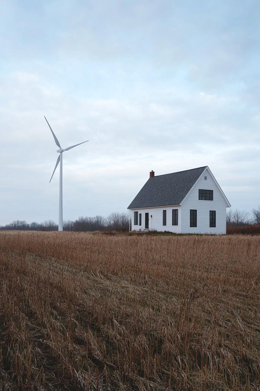 modern farmhouse homestead with large fields and a wind turbine in the fields 3