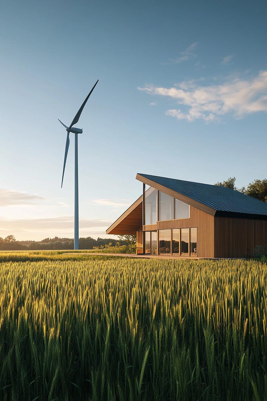 modern farmhouse homestead with large fields and a wind turbine in the fields