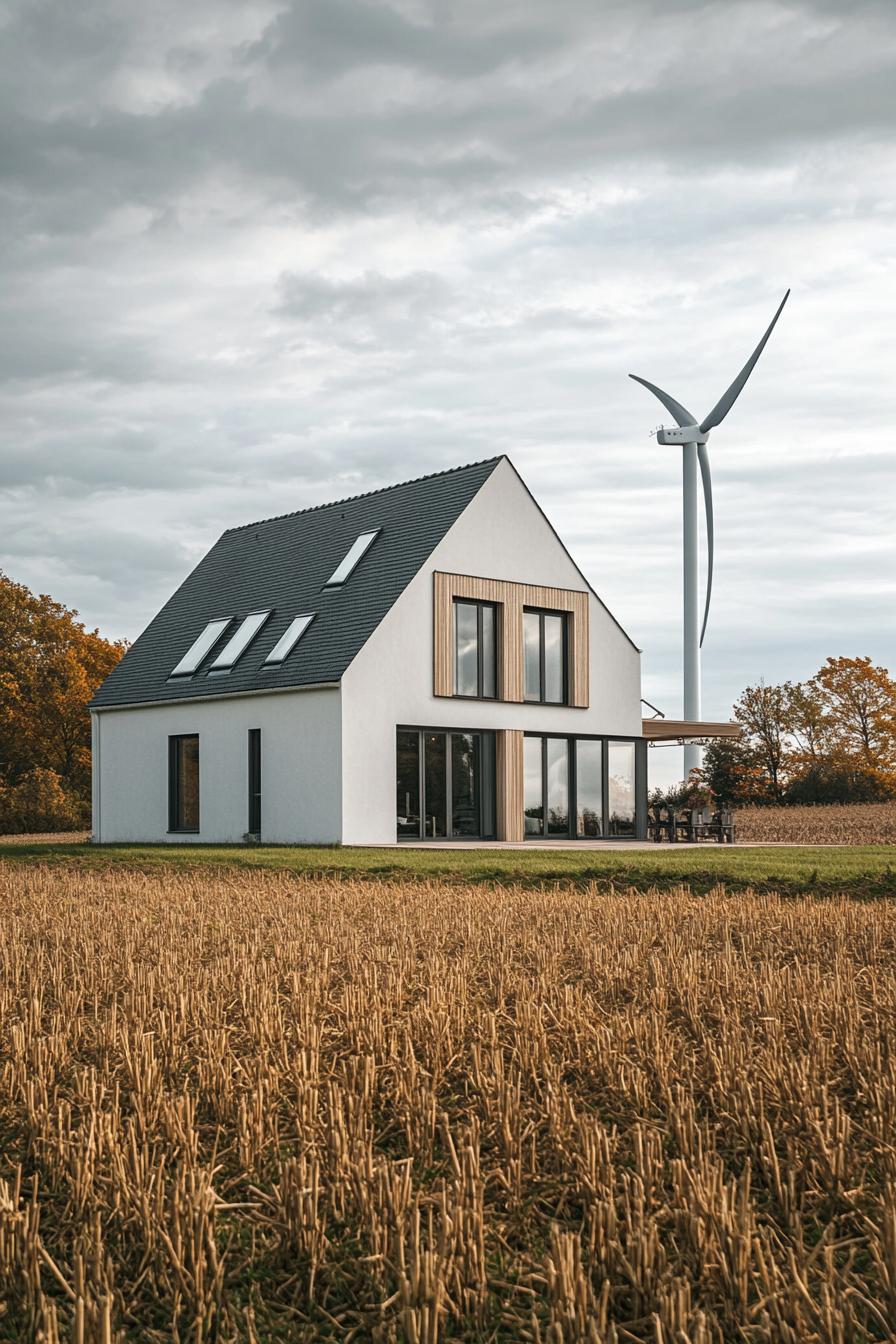 modern farmhouse with beautiful farmland with wind turbines 1