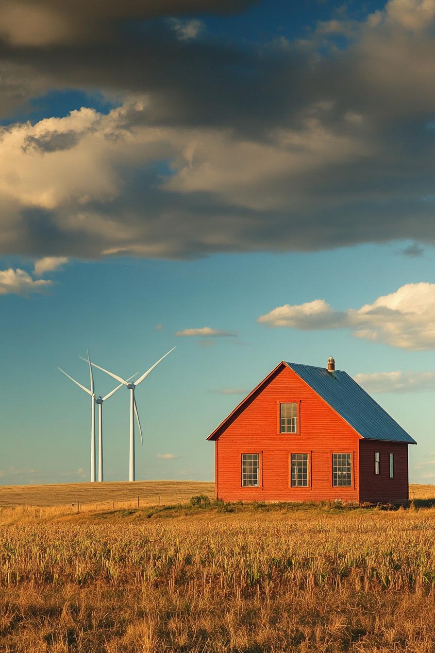 modern farmhouse with beautiful farmland with wind turbines